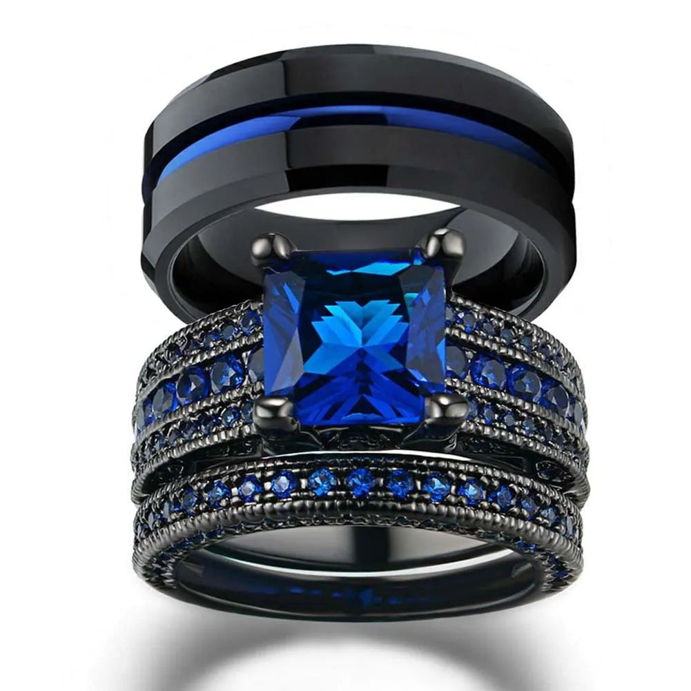 Couple's Romantic Blue Rhinestone Ring Set - Trendy Stainless Steel Fashion Jewelry for Men and Women, Perfect Gift for Lovers